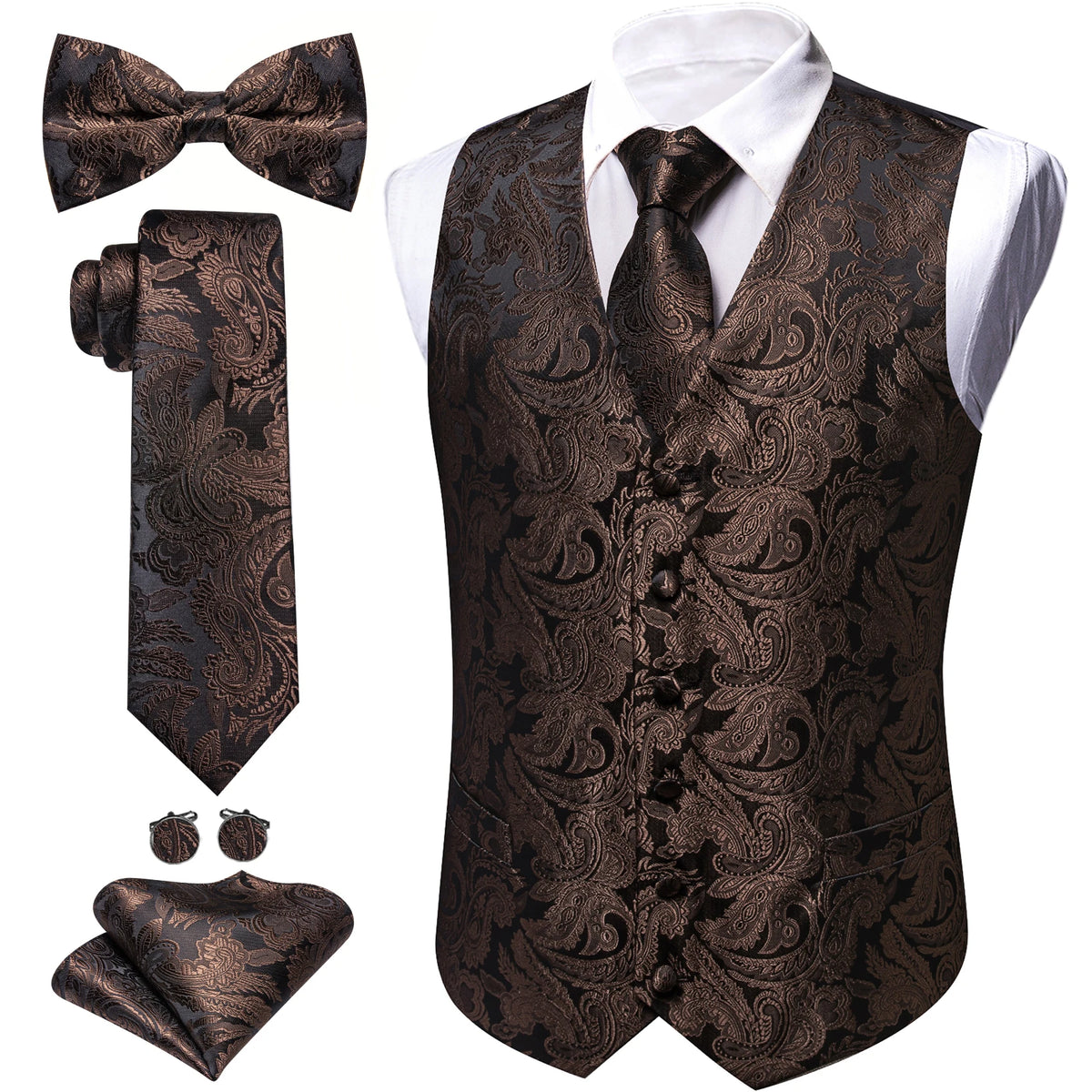 Herren-Anzugweste Set in Braun mit Paisley-Muster, Fliege, Krawatte, Einstecktuch und Manschettenknöpfen