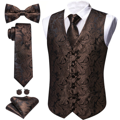 Herren-Anzugweste Set in Braun mit Paisley-Muster, Fliege, Krawatte, Einstecktuch und Manschettenknöpfen
