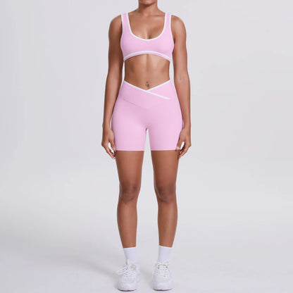 Yoga-Set: Sport-BH & High-Waist-Shorts mit Crossover, rosa mit weißen Kanten