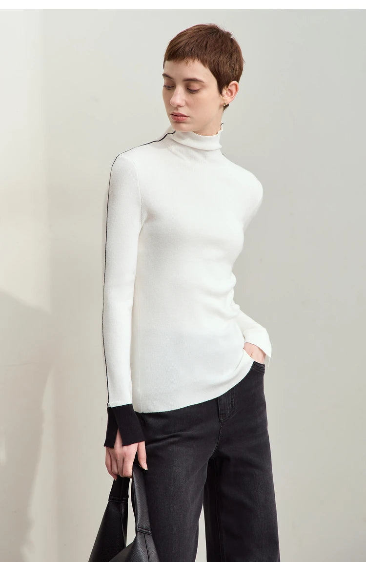 Damen-Rollkragenpullover Farbkontrast Slim Fit Langarm Frühling