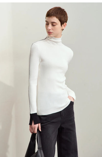 Damen-Rollkragenpullover Farbkontrast Slim Fit Langarm Frühling