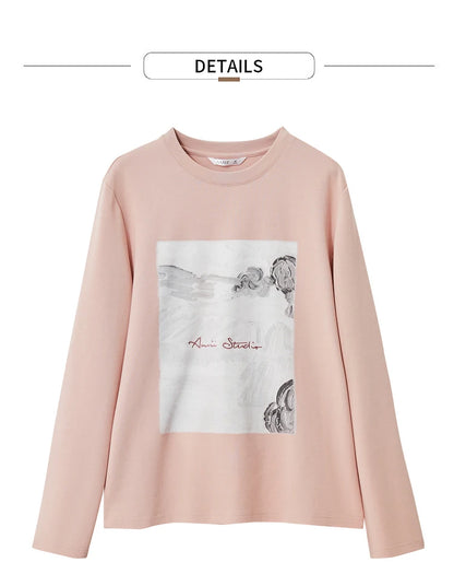 Damen T-Shirt im Minimalismus-Stil mit Kunstdruck und Stickerei für den Herbst