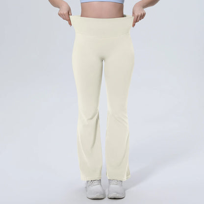 Damen-Yogahose hohe Taille, lockeres Weitbein, hell cremefarben, Rückenansicht