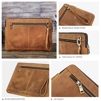 Braune Laptoptasche aus Leder mit Reißverschluss, Handriemen und zusätzlicher Zip-Tasche