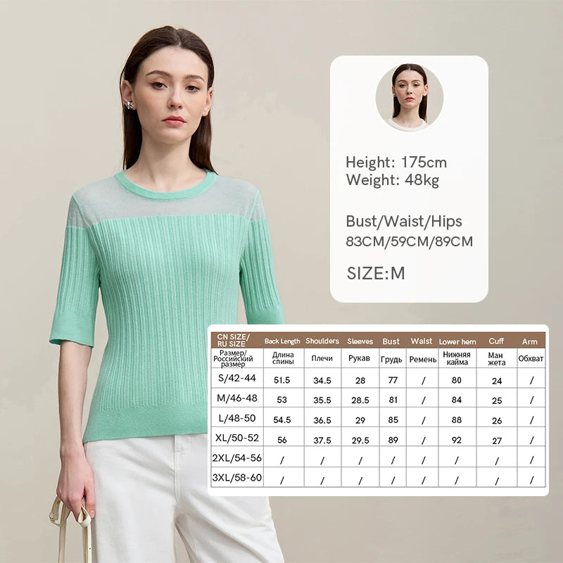 Mintfarbenes Stricktop mit Rundhalsausschnitt, kurzarm, leicht transparentes Oberteil