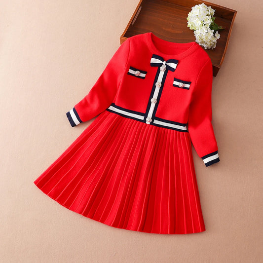 Mädchen Pullover Kleid Lange Ärmel 2024 Neue Strickkleidung Rundhals Prinzessin Kleid Adrette Kinder Schleife Strickwaren
