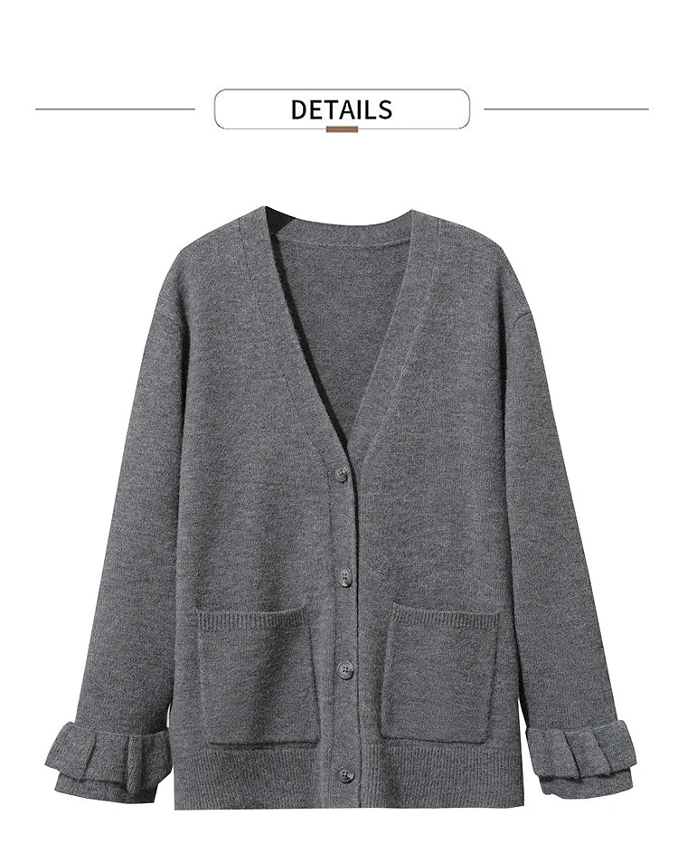 Damen-Strickjacke Wolle V-Ausschnitt Pendler einreihig locker Winter