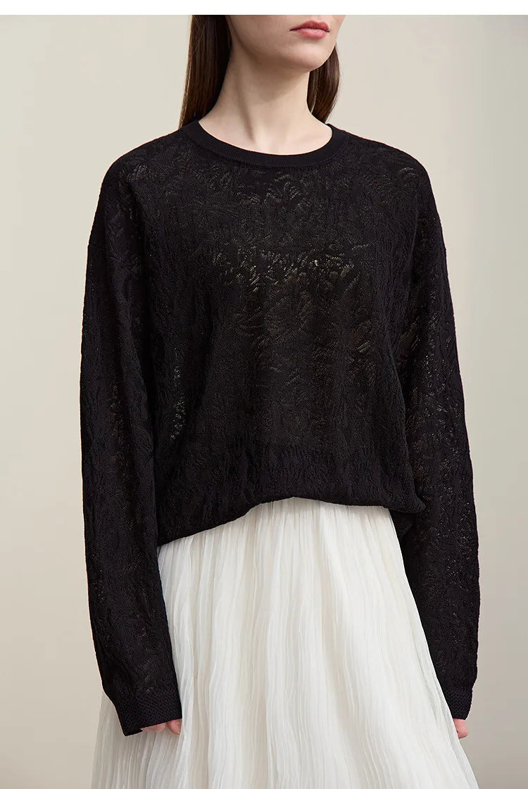 Damen-Rundhalspullover Jacquard Raglan locker lang Lyocell Frühling