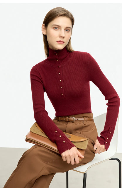 Damen-Strickjacke Rollkragen Knopfleiste Slim halboffene Front Herbst