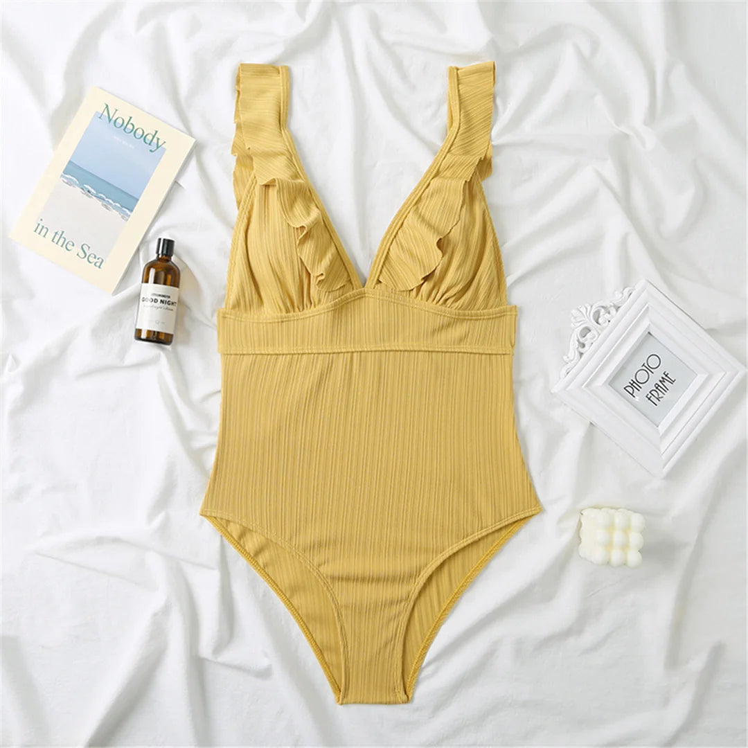 Damen Badeanzug Rüschen V-Ausschnitt rückenfrei Schnürung Monokini 6 Farben
