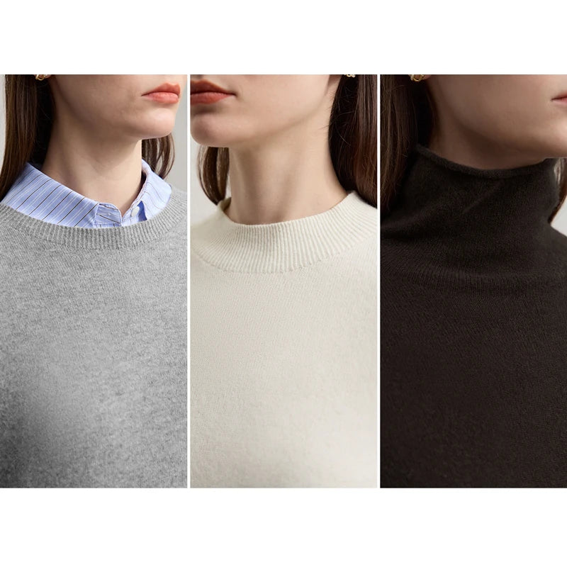Damenpullover-Detail: gerippter Halsausschnitt am Strickpullover, melierte Optik