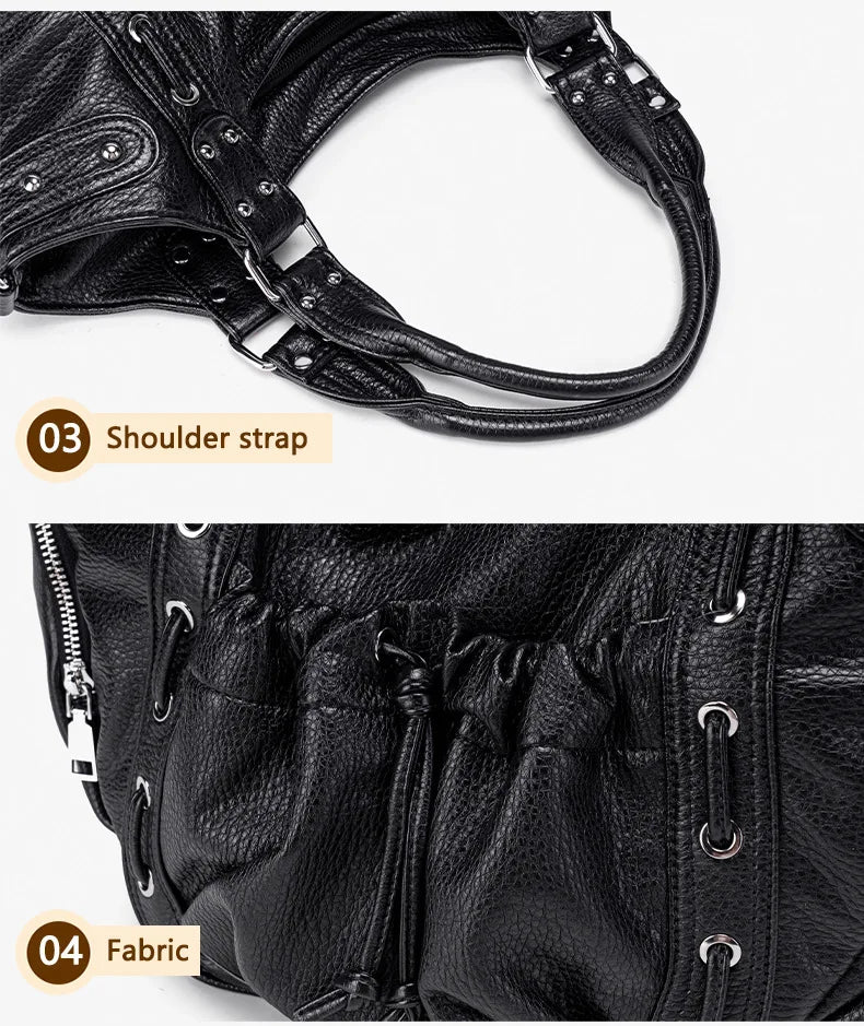 Damen-Hobo-Tasche Aus Leder Im Abgenutzten Retro-Y2K-Biker-Stil Mit Reißverschluss