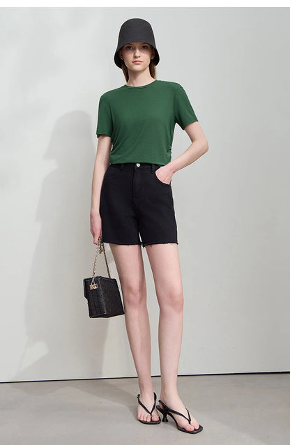 Damen Sommer-T-Shirt im minimalistischen Stil mit schmalem O-Ausschnitt und kurzen Ärmeln