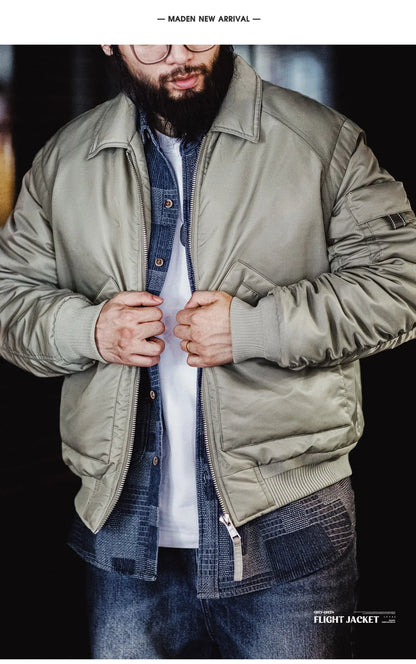 Herren Pilotenjacke Graugrün Warmer Mit Baumwolle Gefütterter Mantel Revers Taschen