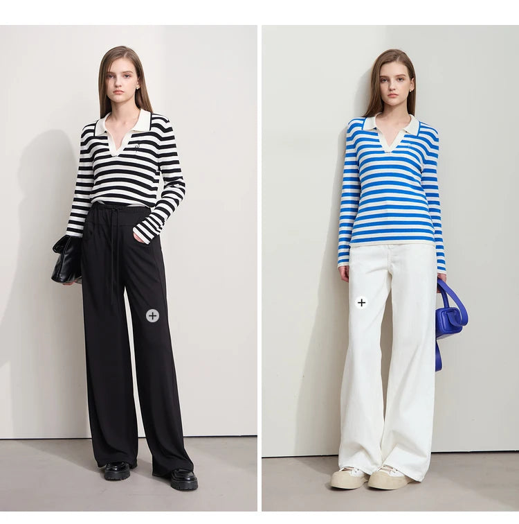 Damen V-Ausschnitt Pullover Streifen Stickerei Polo Kontrastfarben Herbst