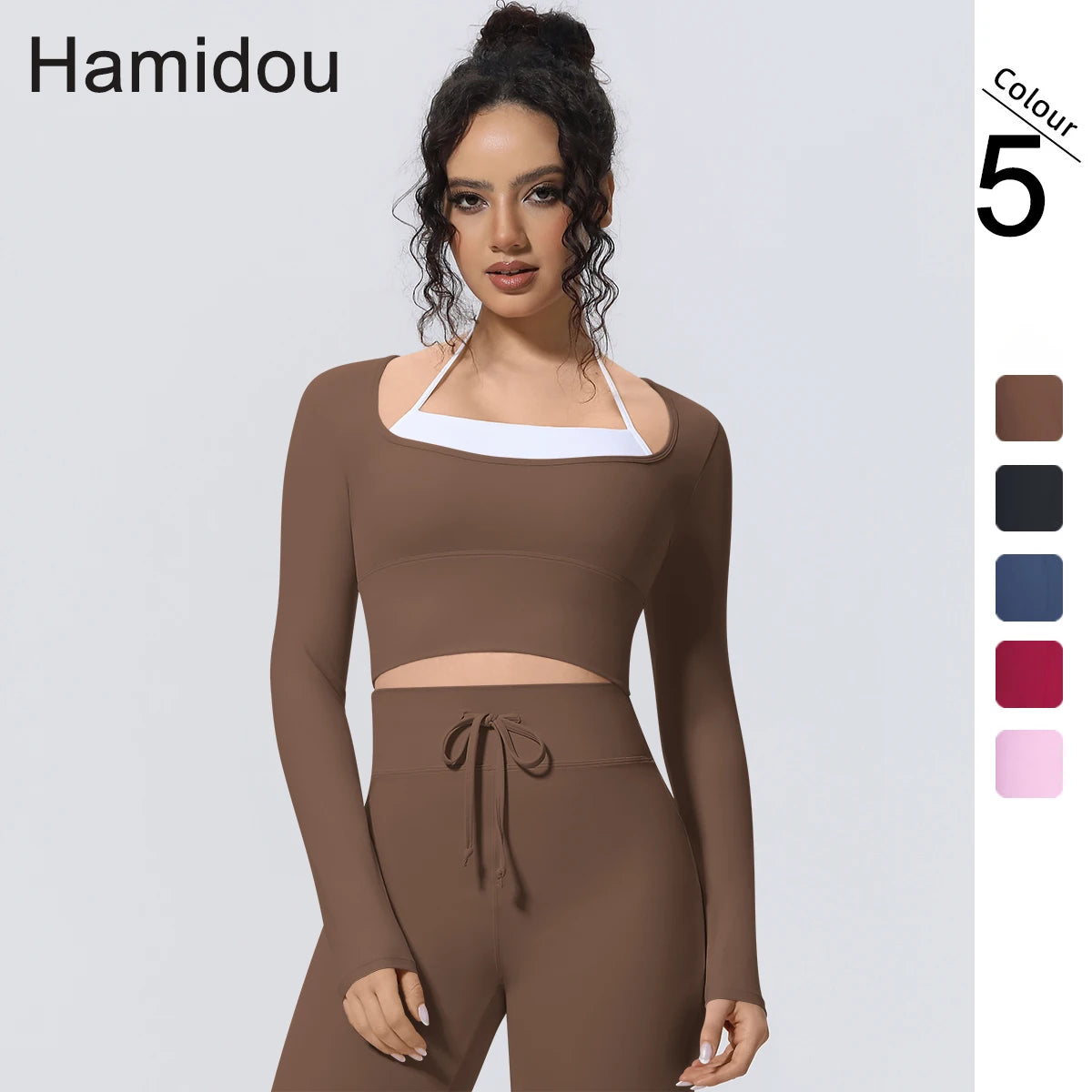 Damen-Langarmshirt, feuchtigkeitsableitend, braun mit weißem Rundhalsausschnitt und Trimm