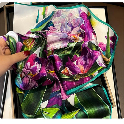 Damen Seidenschal 53cm quadratisch Blumenprint Luxus Halstuch Hijab Bandana B