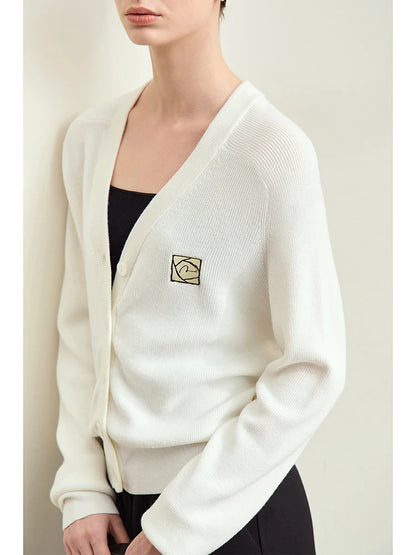 Damen-Strickjacke Wolle V-Ausschnitt Patchwork Stickerei kurz Französisch Herbst