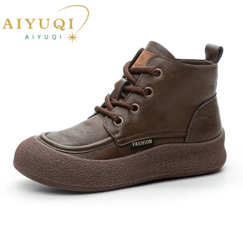 AIYUQI Damen-Stiefeletten, braun, rundem Zehenbereich, Schnürung, flache Profilsohle