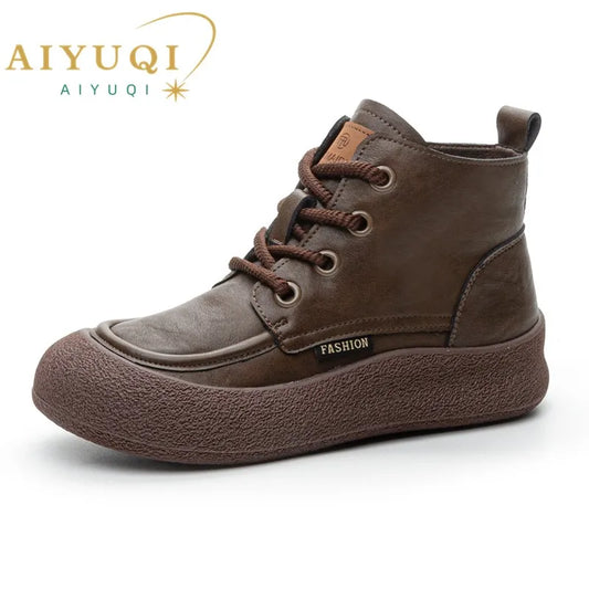 AIYUQI Damen-Stiefeletten, braun, rundem Zehenbereich, Schnürung, flache Profilsohle