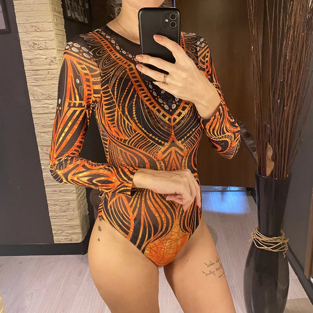 Damen-Badeanzug 3-teilig Print Langarm Sarong-Set gepolstert