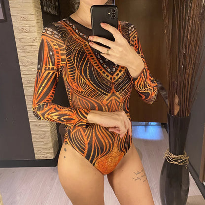 Damen-Badeanzug 3-teilig Print Langarm Sarong-Set gepolstert