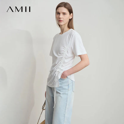 Damen Sommer T-Shirt mit Rundhals und Kordelzug in lässiger Form