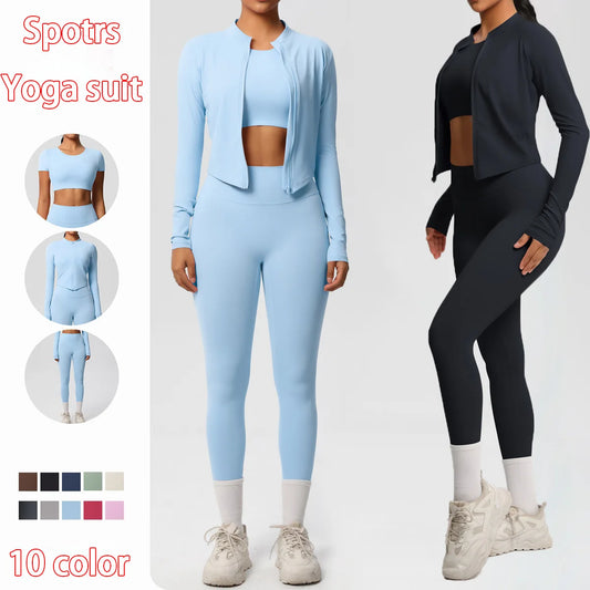 Damen-Sportset aus Leggings und kurzem Top mit offener Reißverschluss-Jacke, hellblau