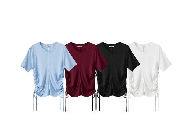 Damen T-Shirt mit solidem V-Ausschnitt und Kordelzug für den Sommer