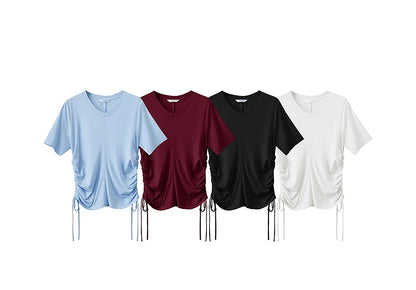 Damen T-Shirt mit solidem V-Ausschnitt und Kordelzug für den Sommer