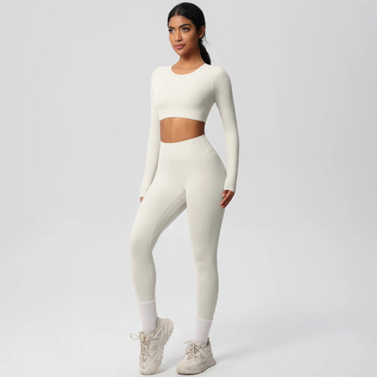 Yoga-Set mit langarmigem Crop-Top und Leggings, cremeweiß