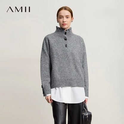 Damen-Rollkragenpullover locker Knopf Raglanärmel Winter