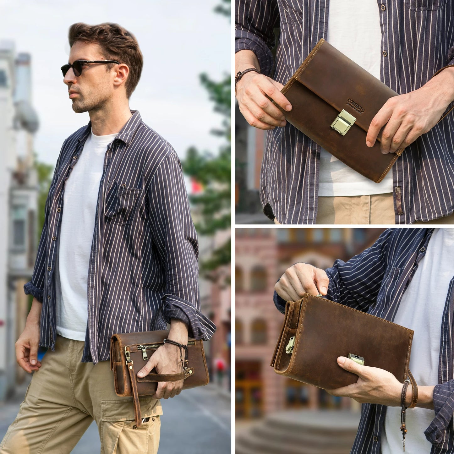 Braune Herren-Ledertasche als Clutch mit Umschlag, Metallschloss und Trageriemen