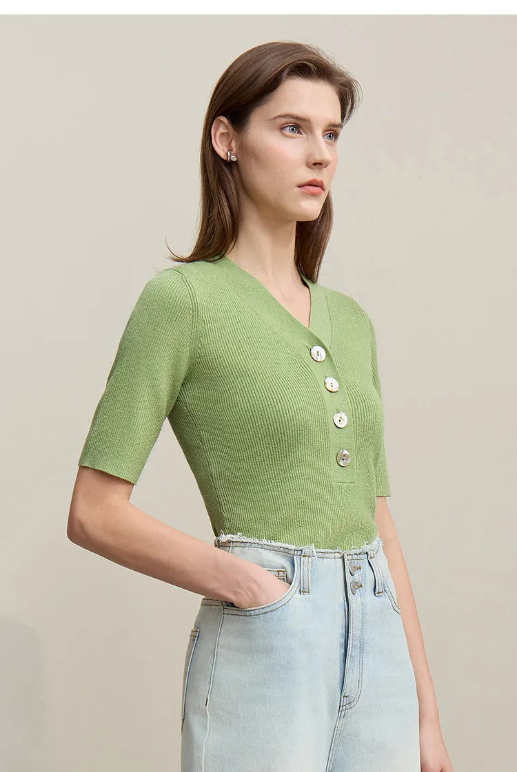 Damen V-Ausschnitt Pullover Wolle-Mix Halbarm Slim Frühling-Herbst