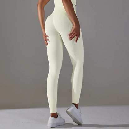 Nahtlose Yoga-Leggings, hochtailliert, cremefarben, figurbetont, lange Passform