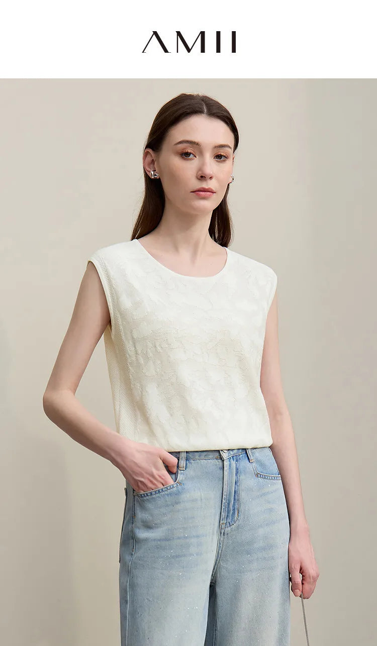 Damen-Rundhalspullover ärmellos Jacquard locker kurz Viskose Sommer