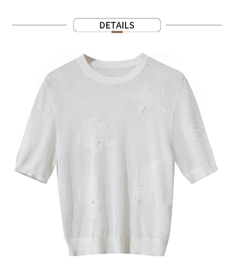 Damen Top im minimalistischen Ozean-Stil mit Perlenbesatz und durchbohrten Löchern