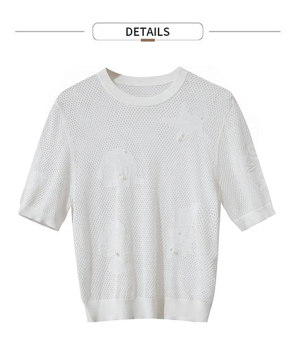 Damen Top im minimalistischen Ozean-Stil mit Perlenbesatz und durchbohrten Löchern