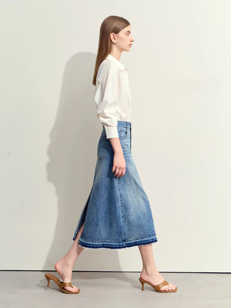 Jeansrock mit hoher Taille, A-Linie, mittellang, Kanten am Saum, dunkelblauer Denim