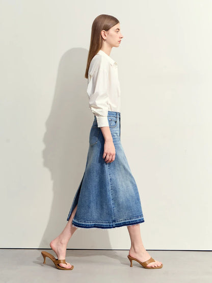 Jeansrock mit hoher Taille, A-Linie, mittellang, Kanten am Saum, dunkelblauer Denim