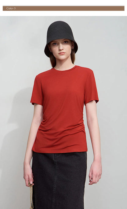 Damen Sommer-T-Shirt im minimalistischen Stil mit schmalem O-Ausschnitt und kurzen Ärmeln