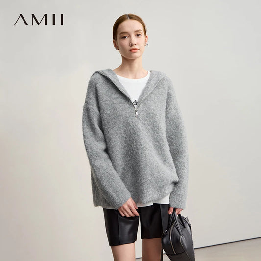 Damen-Kapuzenpullover Wolle Reißverschluss locker dick warm Winter