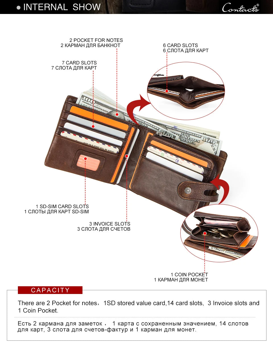 Herren Echtleder Geldbörse Bifold Vintage RFID Kartenhalter Geldclip Münzfach Reise
