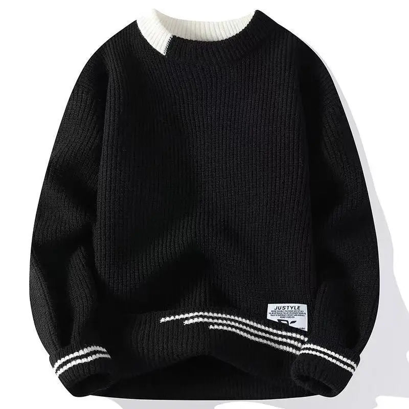 Dicker Herren-Pullover mit Rundhalsausschnitt und Patchwork-Design – Lockerer, elastischer Langarm für Herbst und Winter