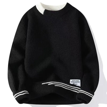 Dicker Herren-Pullover mit Rundhalsausschnitt und Patchwork-Design – Lockerer, elastischer Langarm für Herbst und Winter