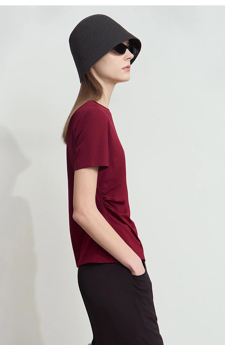 Damen T-Shirt mit Rundhalsausschnitt und gebrochenen Falten aus Modal-Baumwolle