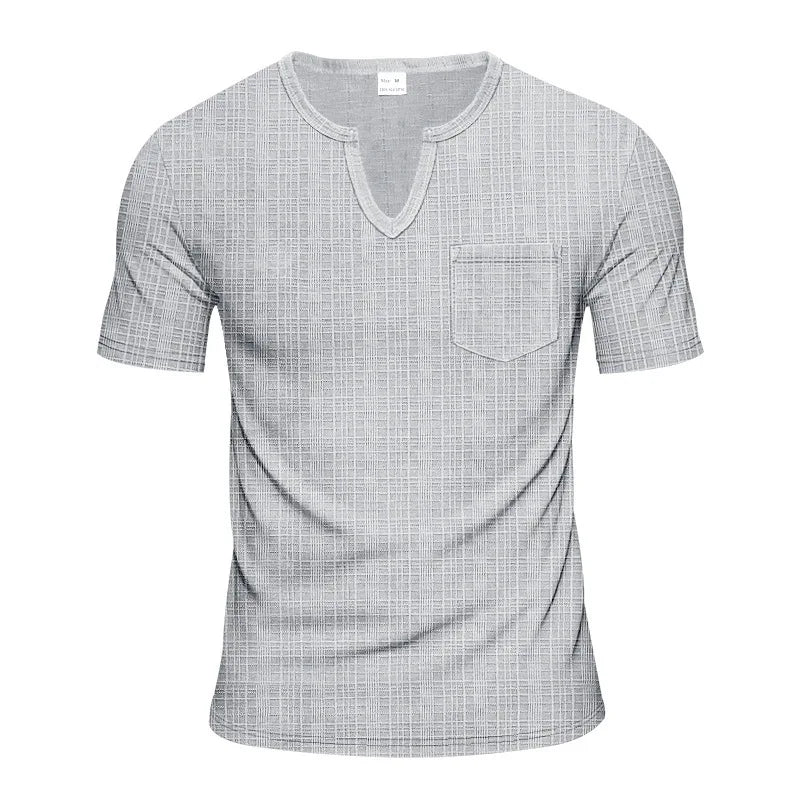 Herren-Casual-Poloshirt mit V-Ausschnitt, Brusttasche und Knopfleiste – vielseitiges, einfarbiges Business-T-Shirt