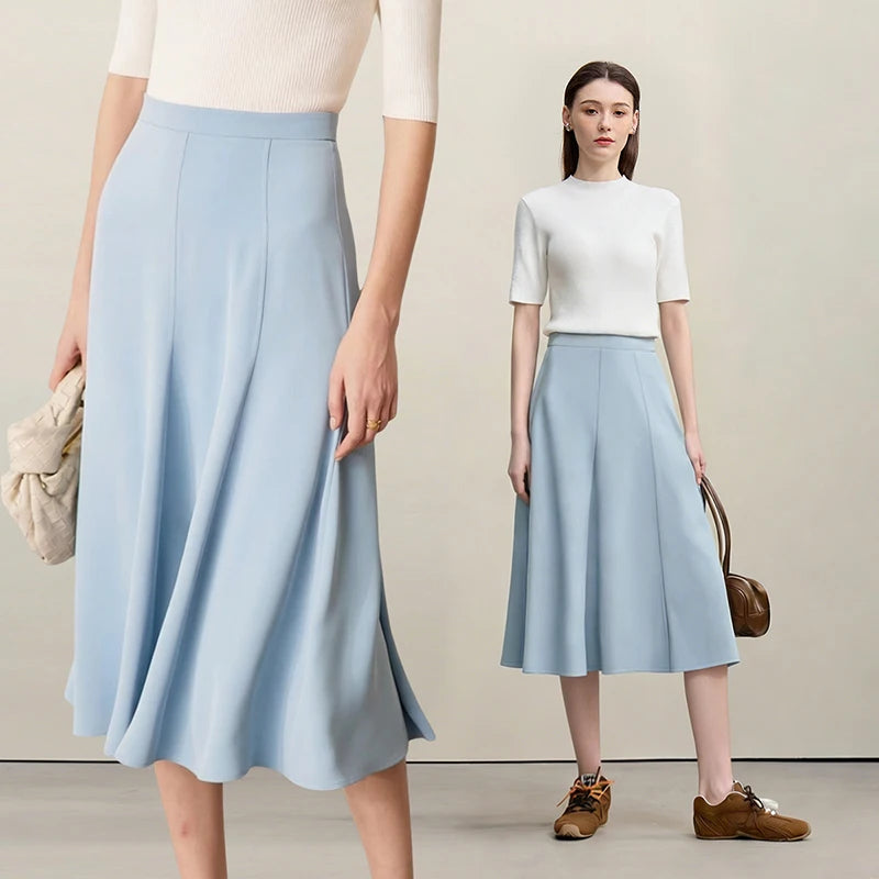 Hellblauer Damenrock mit hoher Taille, A-Linien-Schnitt und ausgestelltem Midi-Saum