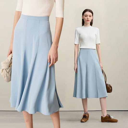 Hellblauer Damenrock mit hoher Taille, A-Linien-Schnitt und ausgestelltem Midi-Saum