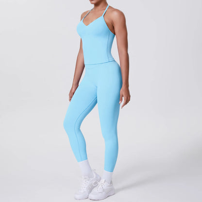 Damen Yoga-Set mit ärmelloser Weste und Leggings, hellblau